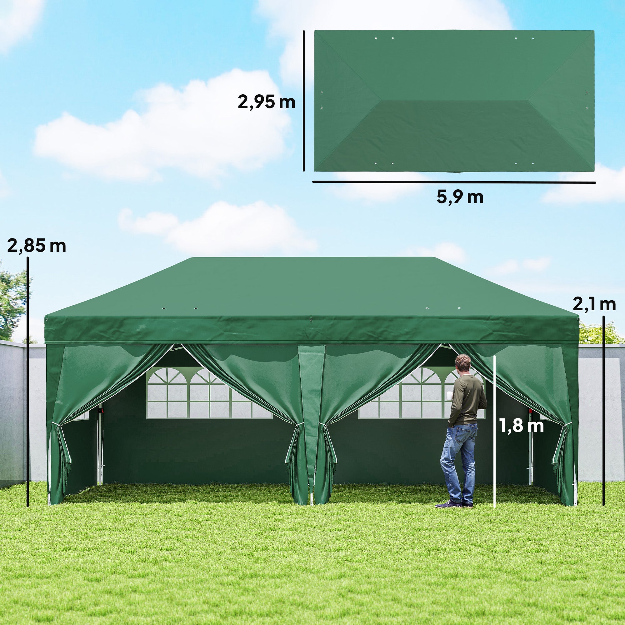 Pavilion approx. 19'4" x 9'8" Pop-Up Folding Gazebo with Windowed Zip Door & Removable Sides, UV Protection, Dark Green
