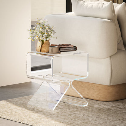 Geometric Low Coffee Table with 2 Levels and Triangular Legs, Acrylic Living Room Table, 40x30x45 cm, Transparent