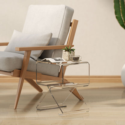 Geometric Low Coffee Table with 2 Levels and Triangular Legs, Acrylic Living Room Table, 40x30x45 cm, Transparent