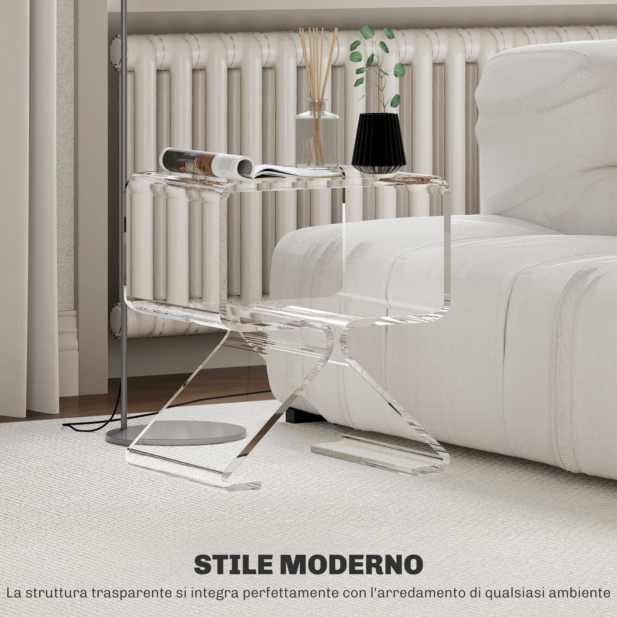 Geometric Low Coffee Table with 2 Levels and Triangular Legs, Acrylic Living Room Table, 40x30x45 cm, Transparent