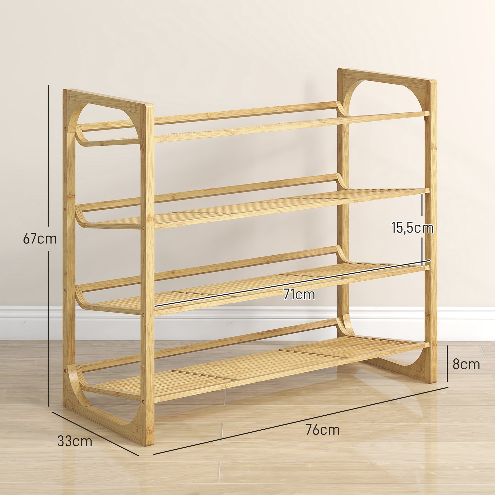 Shoe Rack, Shoe Stand with 4 Levels made of Bamboo, for max. 12 Pairs of Shoes, Shoe Shelf with Handle for Entryway, Bedroom, 76 x 33 x 67 cm, Natural