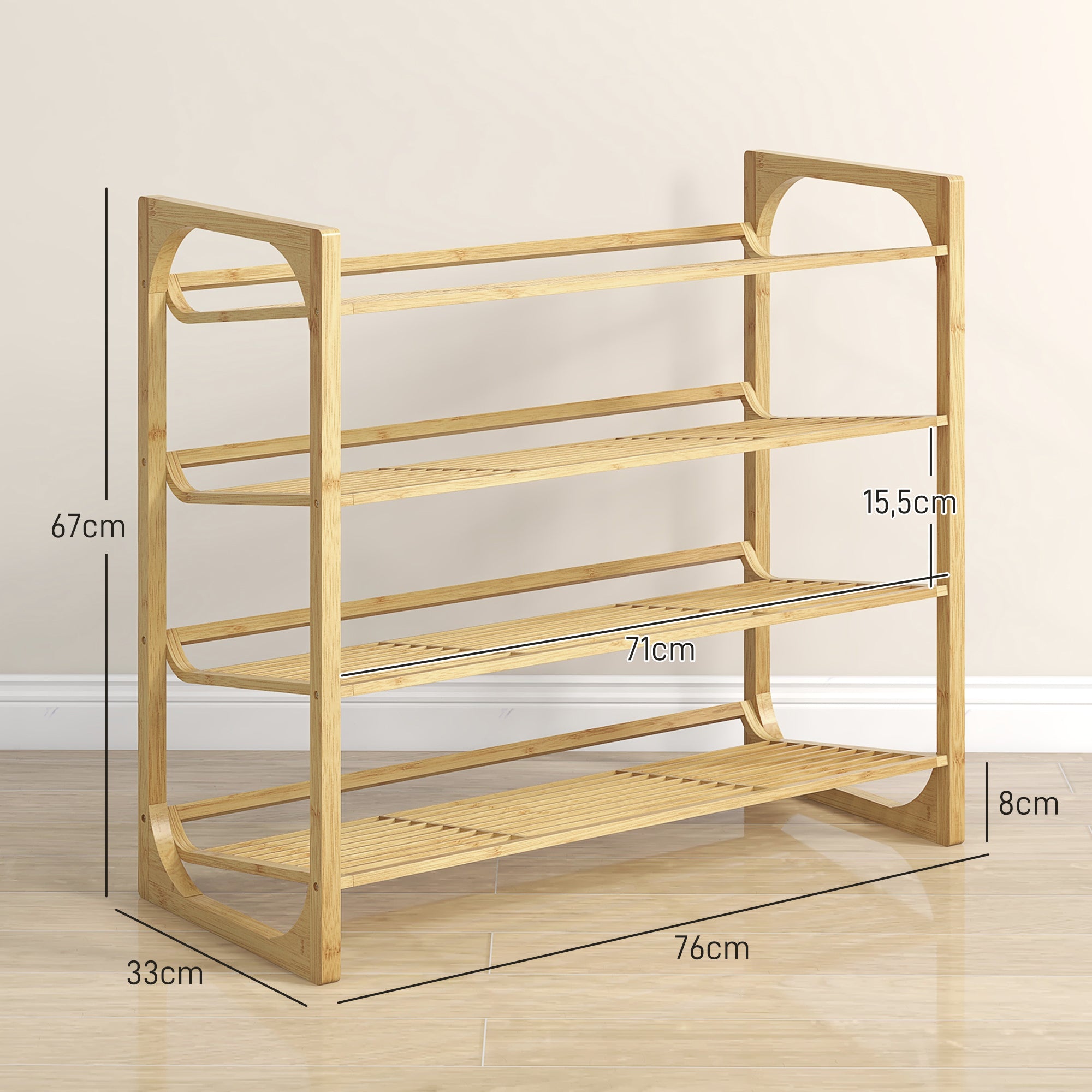 Shoe Rack, Shoe Stand with 4 Levels made of Bamboo, for max. 12 Pairs of Shoes, Shoe Shelf with Handle for Entryway, Bedroom, 76 x 33 x 67 cm, Natural