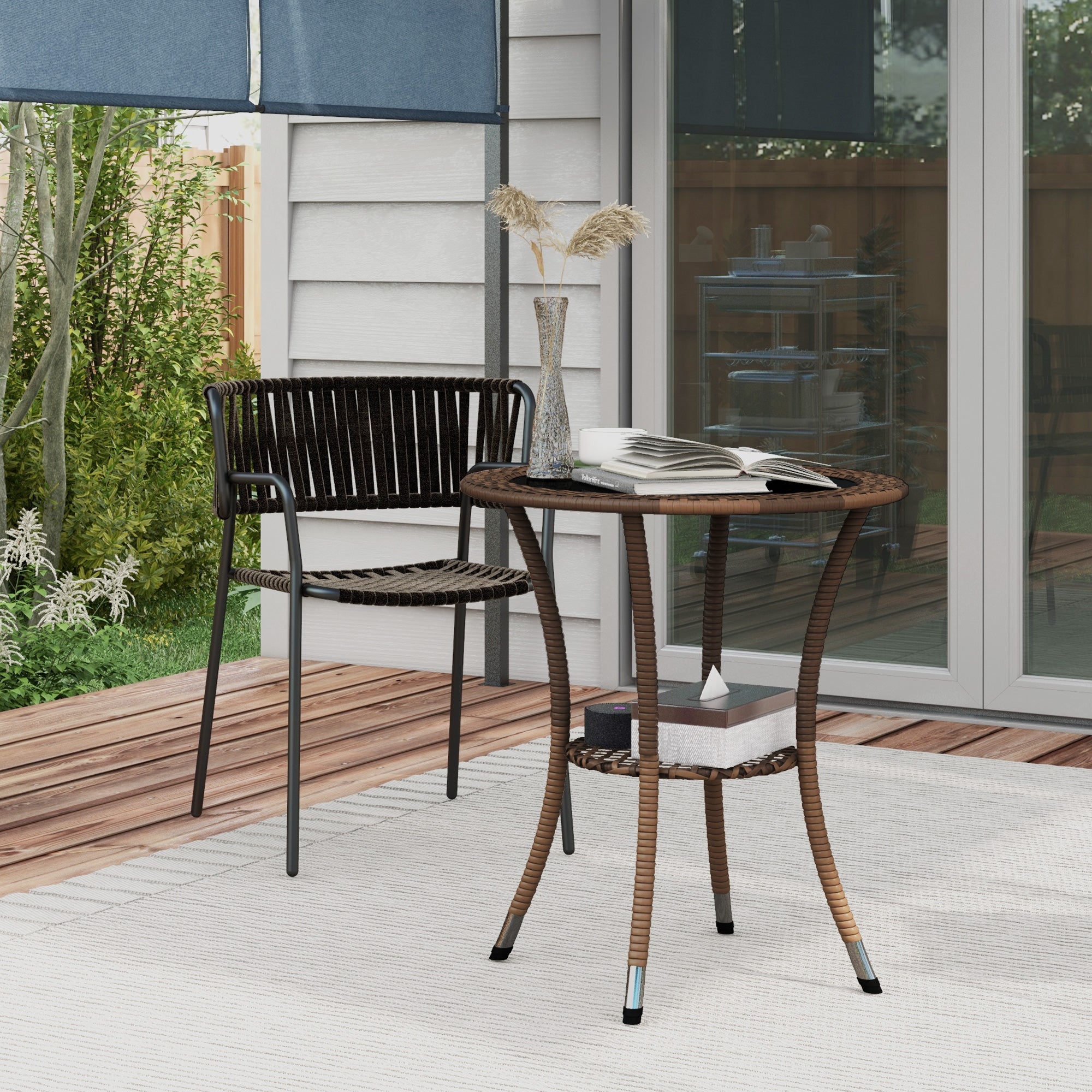 Round Rattan Table Ø64x71 cm Garden Table with Shelf Steel Frame and Glass Top Load 50 kg for Terrace Patio Brown
