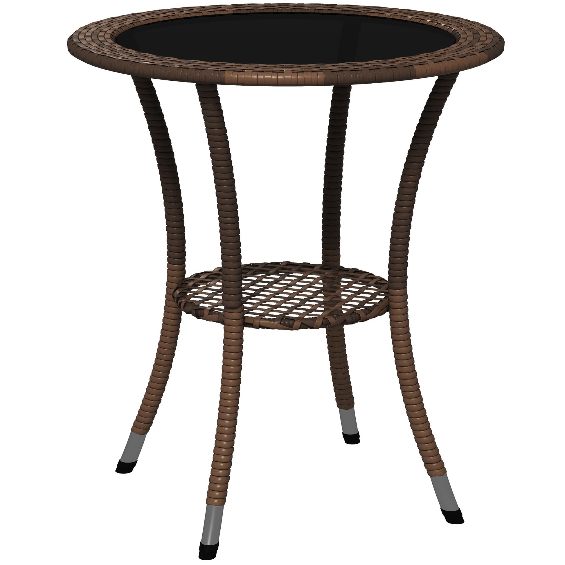 Round Rattan Table Ø64x71 cm Garden Table with Shelf Steel Frame and Glass Top Load 50 kg for Terrace Patio Brown