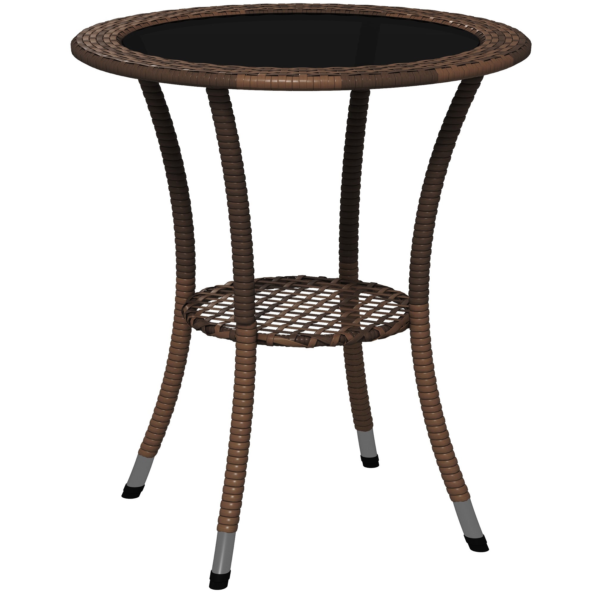 Round Rattan Table Ø64x71 cm Garden Table with Shelf Steel Frame and Glass Top Load 50 kg for Terrace Patio Brown
