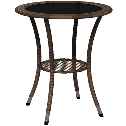 Round Rattan Table Ø64x71 cm Garden Table with Shelf Steel Frame and Glass Top Load 50 kg for Terrace Patio Brown