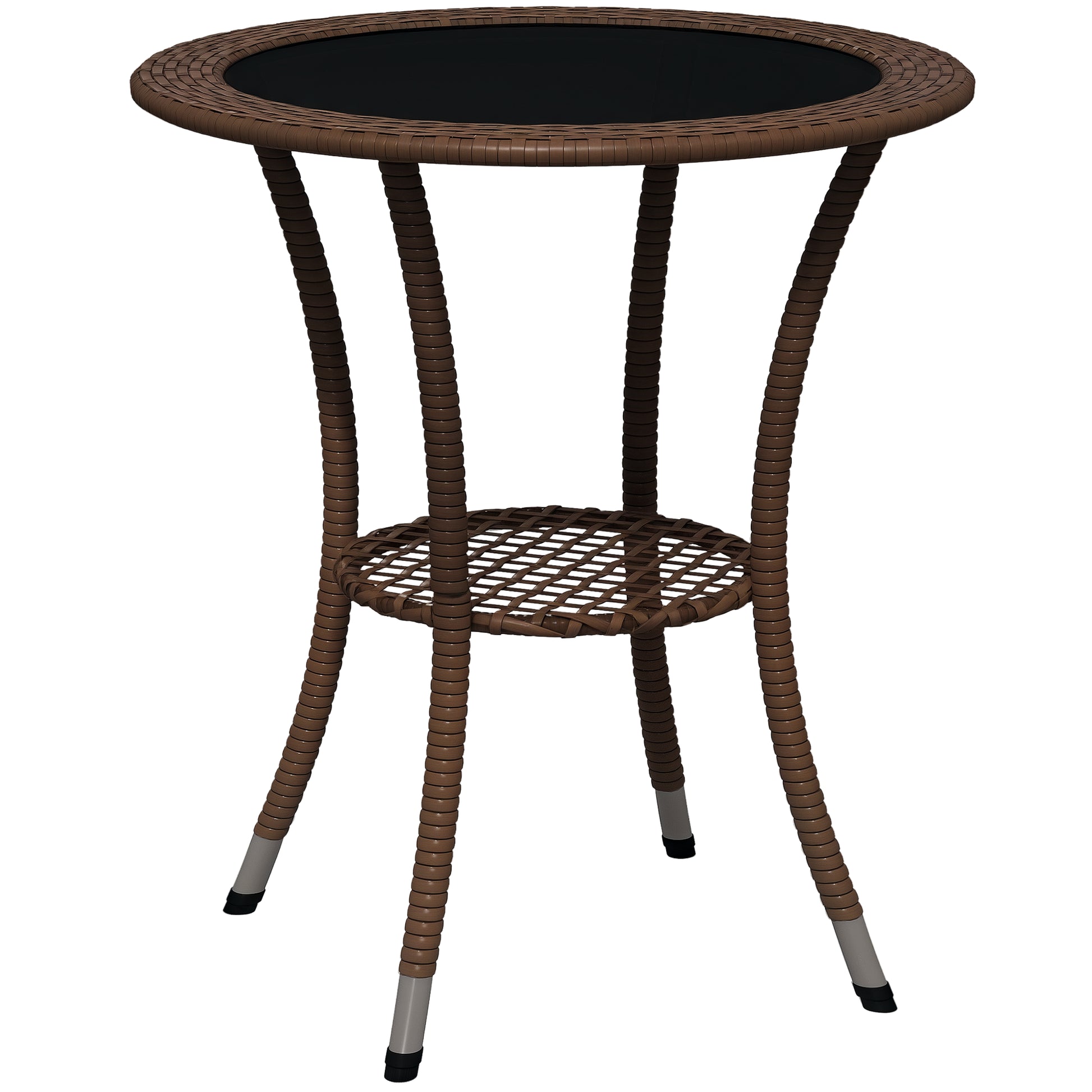 Round Rattan Table Ø64x71 cm Garden Table with Shelf Steel Frame and Glass Top Load 50 kg for Terrace Patio Brown