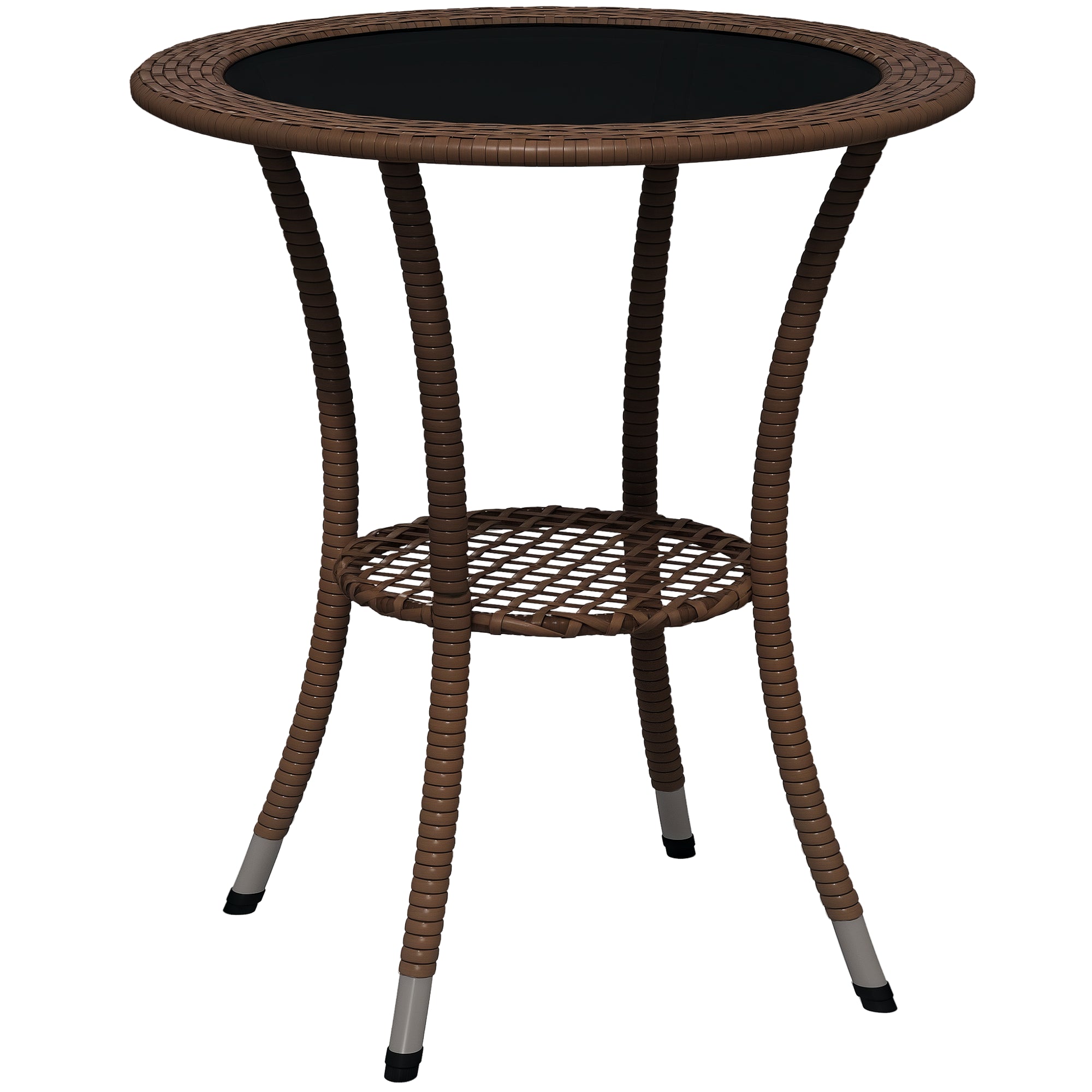 Round Rattan Table Ø64x71 cm Garden Table with Shelf Steel Frame and Glass Top Load 50 kg for Terrace Patio Brown
