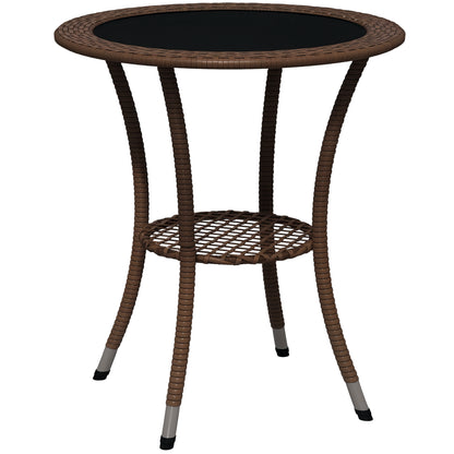 Round Rattan Table Ø64x71 cm Garden Table with Shelf Steel Frame and Glass Top Load 50 kg for Terrace Patio Brown