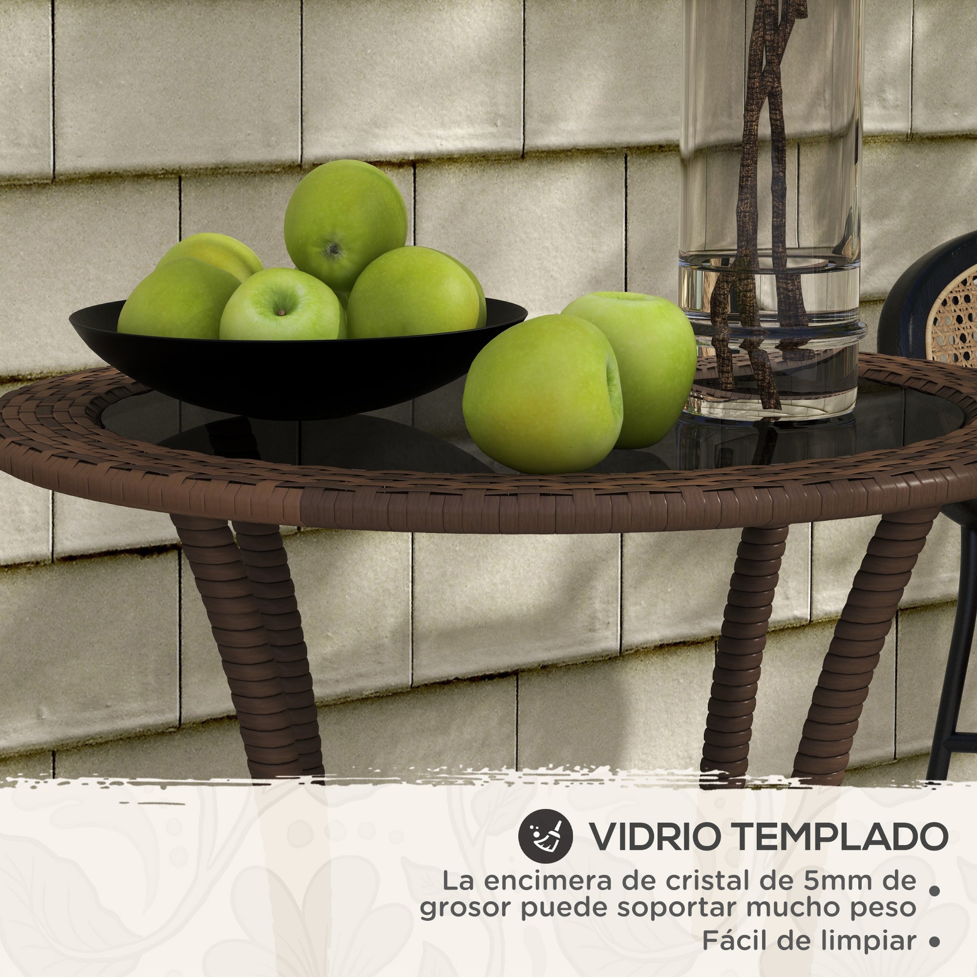 Round Rattan Table Ø64x71 cm Garden Table with Shelf Steel Frame and Glass Top Load 50 kg for Terrace Patio Brown