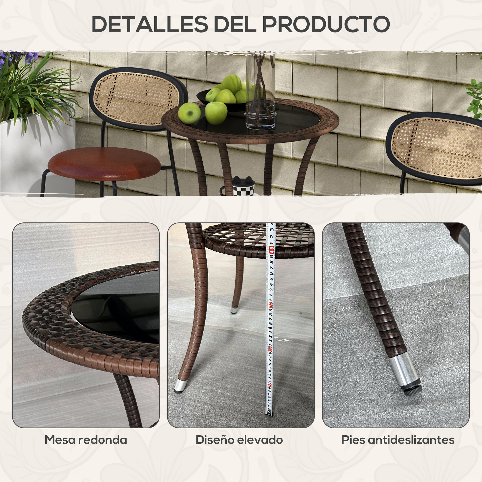 Round Rattan Table Ø64x71 cm Garden Table with Shelf Steel Frame and Glass Top Load 50 kg for Terrace Patio Brown