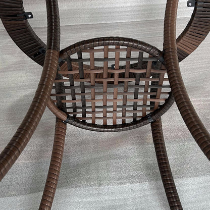 Round Rattan Table Ø64x71 cm Garden Table with Shelf Steel Frame and Glass Top Load 50 kg for Terrace Patio Brown