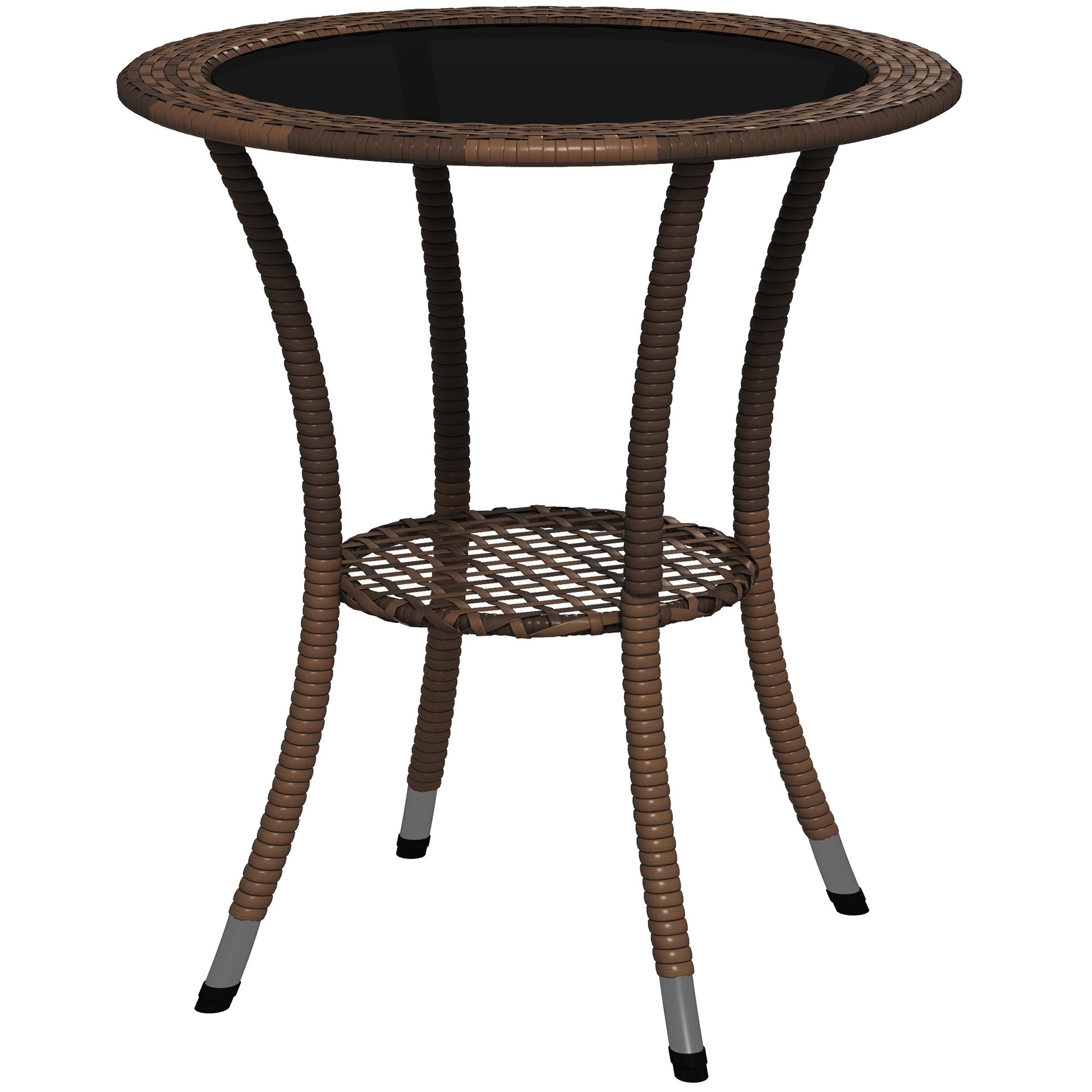 Round Rattan Table Ø64x71 cm Garden Table with Shelf Steel Frame and Glass Top Load 50 kg for Terrace Patio Brown
