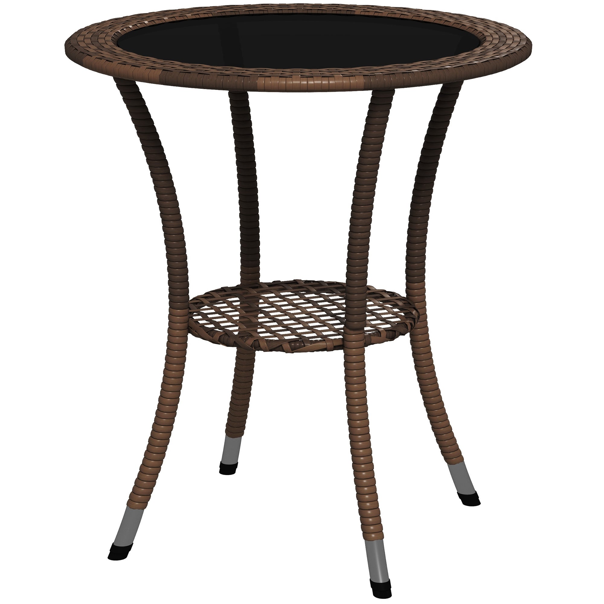 Round Rattan Table Ø64x71 cm Garden Table with Shelf Steel Frame and Glass Top Load 50 kg for Terrace Patio Brown