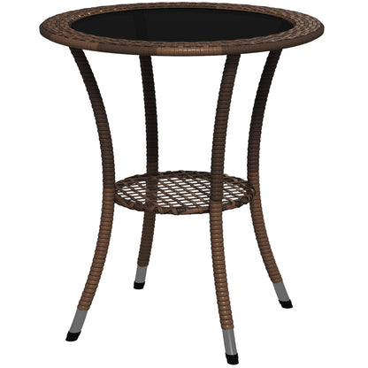 Round Rattan Table Ø64x71 cm Garden Table with Shelf Steel Frame and Glass Top Load 50 kg for Terrace Patio Brown