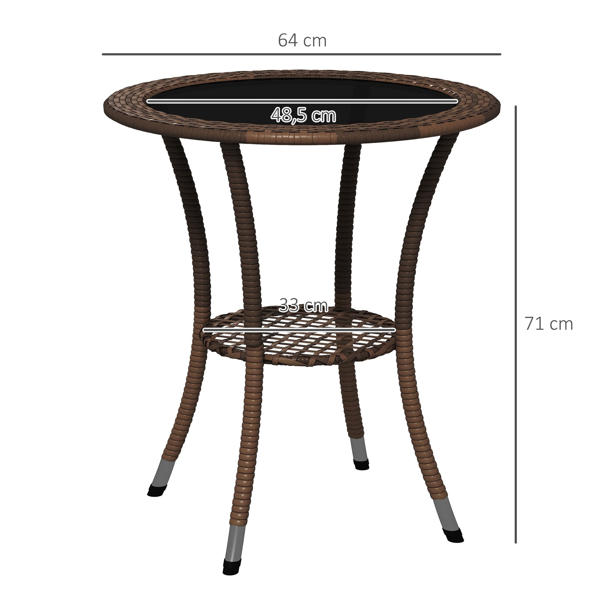 Round Rattan Table Ø64x71 cm Garden Table with Shelf Steel Frame and Glass Top Load 50 kg for Terrace Patio Brown