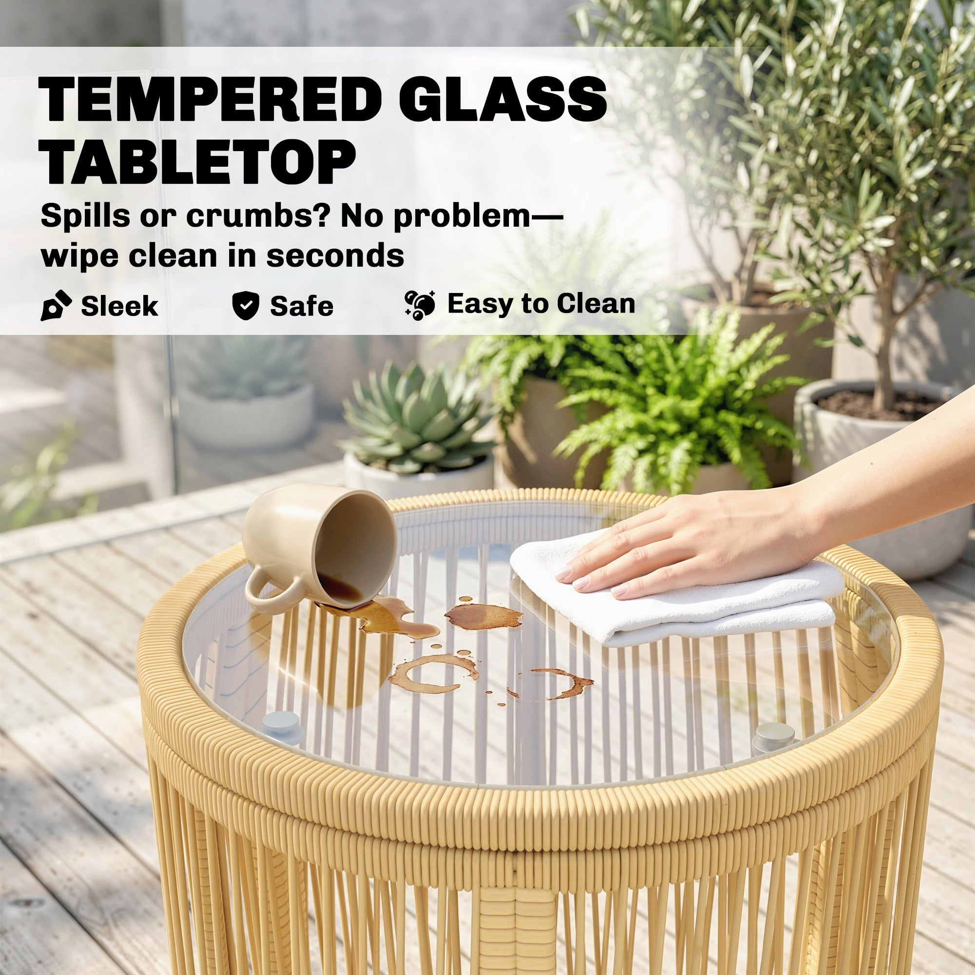 3-Piece Rattan Bistro Set – 2 Cushioned Chairs & Tempered Glass Table, Ergonomic Balcony/Patio Furniture, Beige