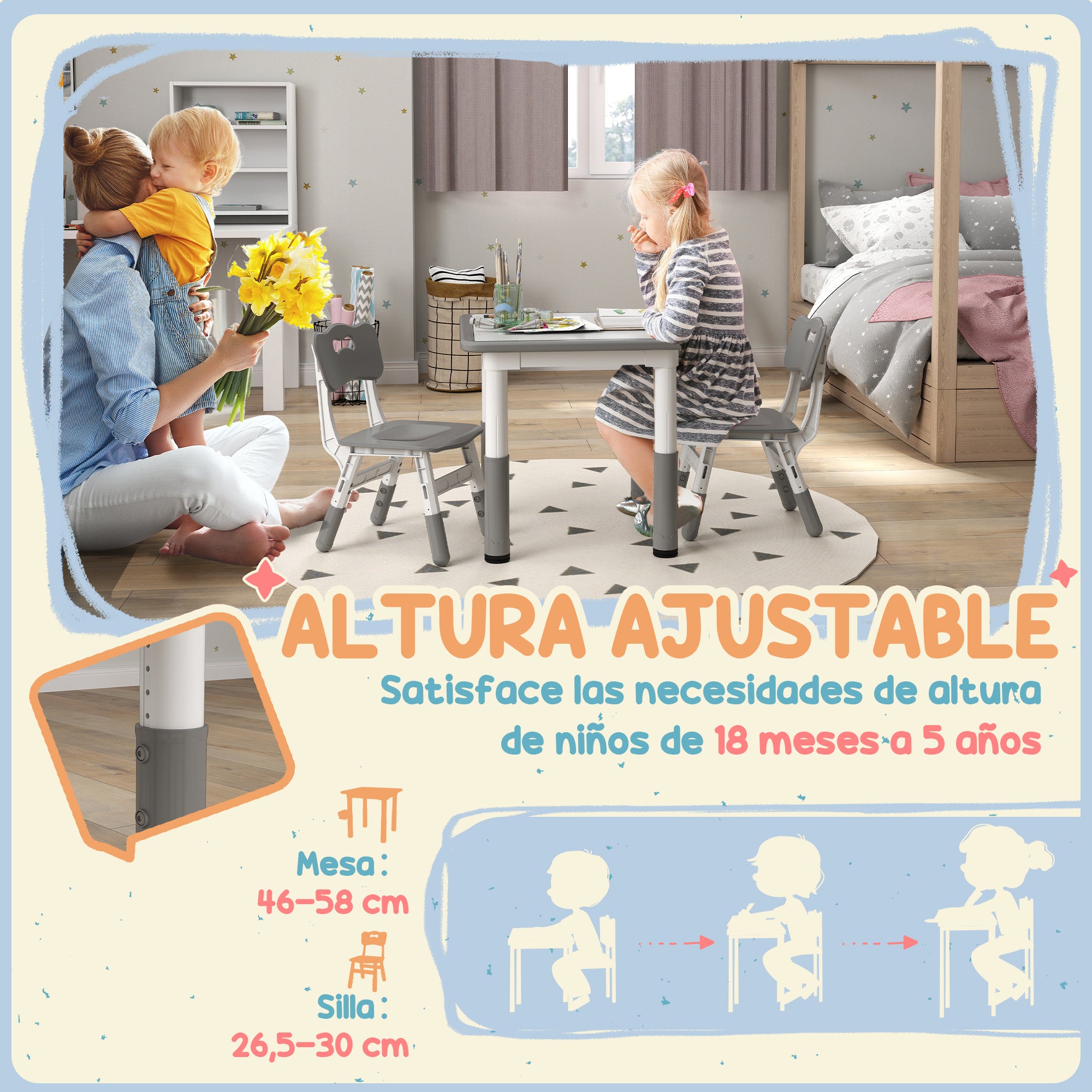 3-Piece Children's Table and Chairs Set with Adjustable Height Children's Table with 2 Chairs Easy to Clean for Kids from 18 Months to 5 Years for Playroom Bedroom Nursery White and Gray