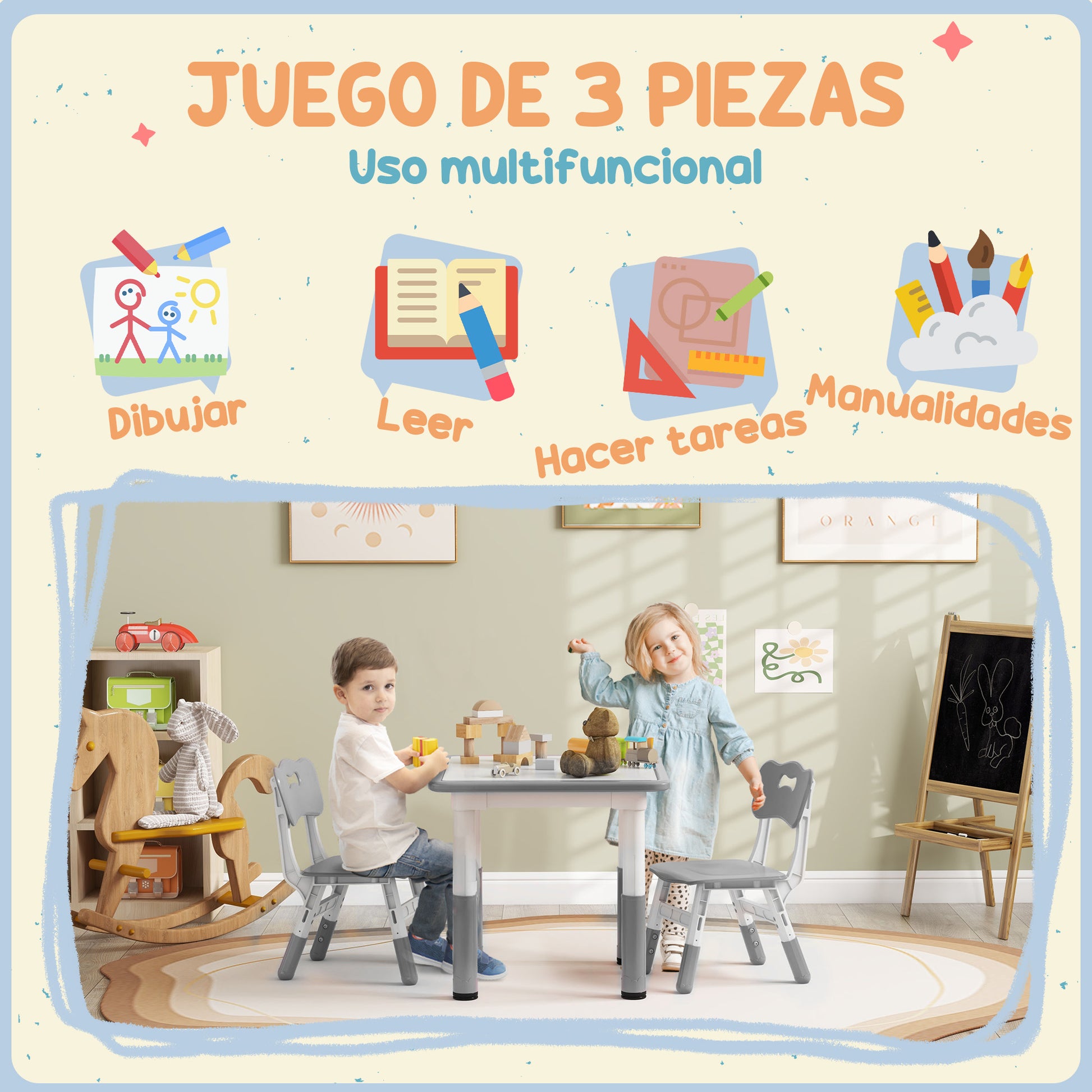 3-Piece Children's Table and Chairs Set with Adjustable Height Children's Table with 2 Chairs Easy to Clean for Kids from 18 Months to 5 Years for Playroom Bedroom Nursery White and Gray