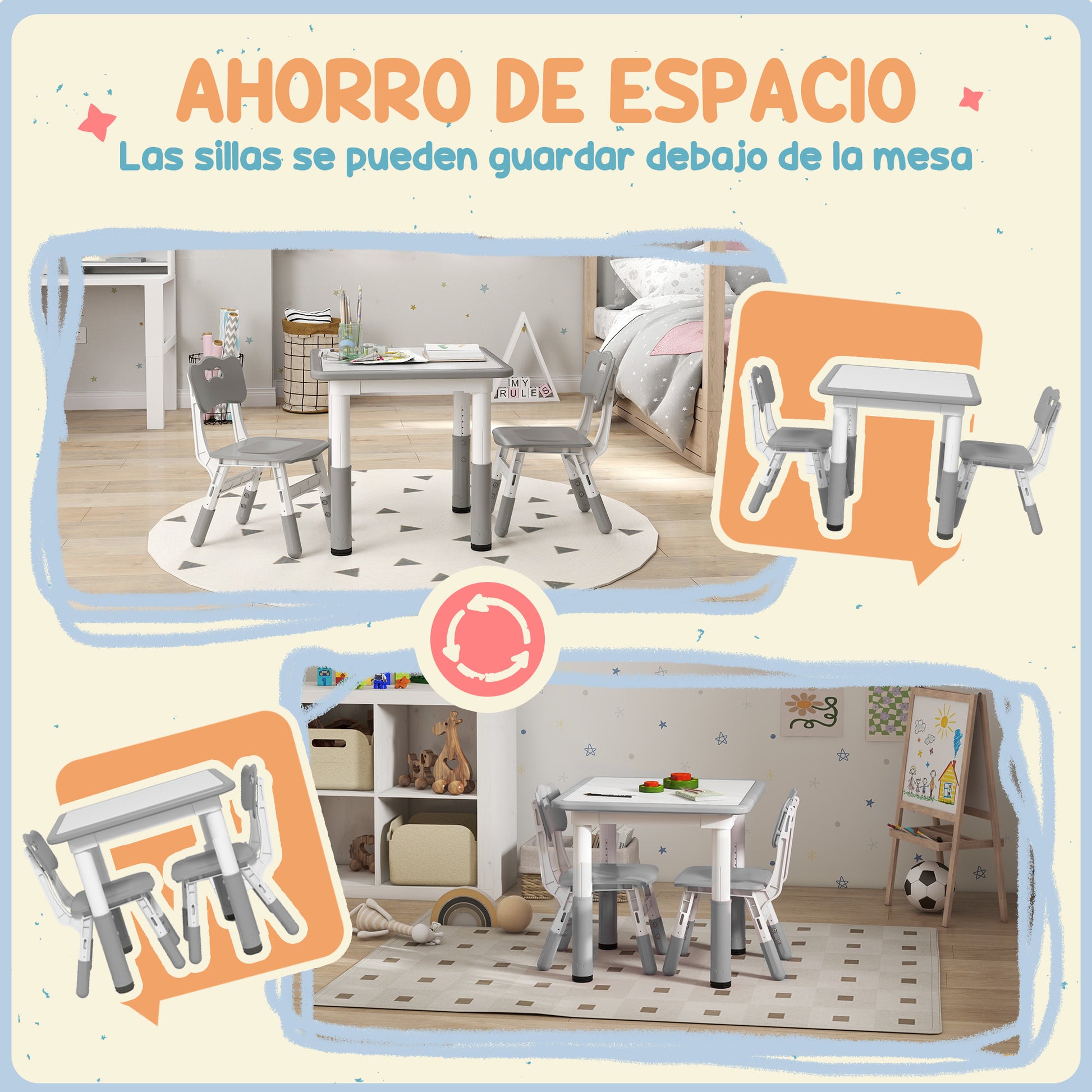 3-Piece Children's Table and Chairs Set with Adjustable Height Children's Table with 2 Chairs Easy to Clean for Kids from 18 Months to 5 Years for Playroom Bedroom Nursery White and Gray