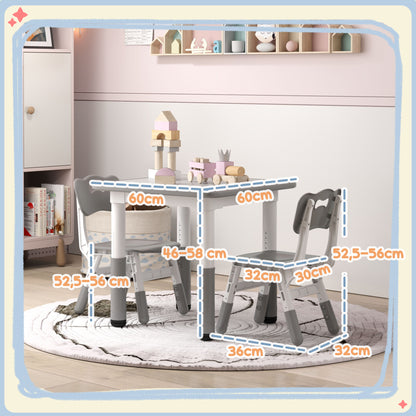 3-Piece Children's Table and Chairs Set with Adjustable Height Children's Table with 2 Chairs Easy to Clean for Kids from 18 Months to 5 Years for Playroom Bedroom Nursery White and Gray