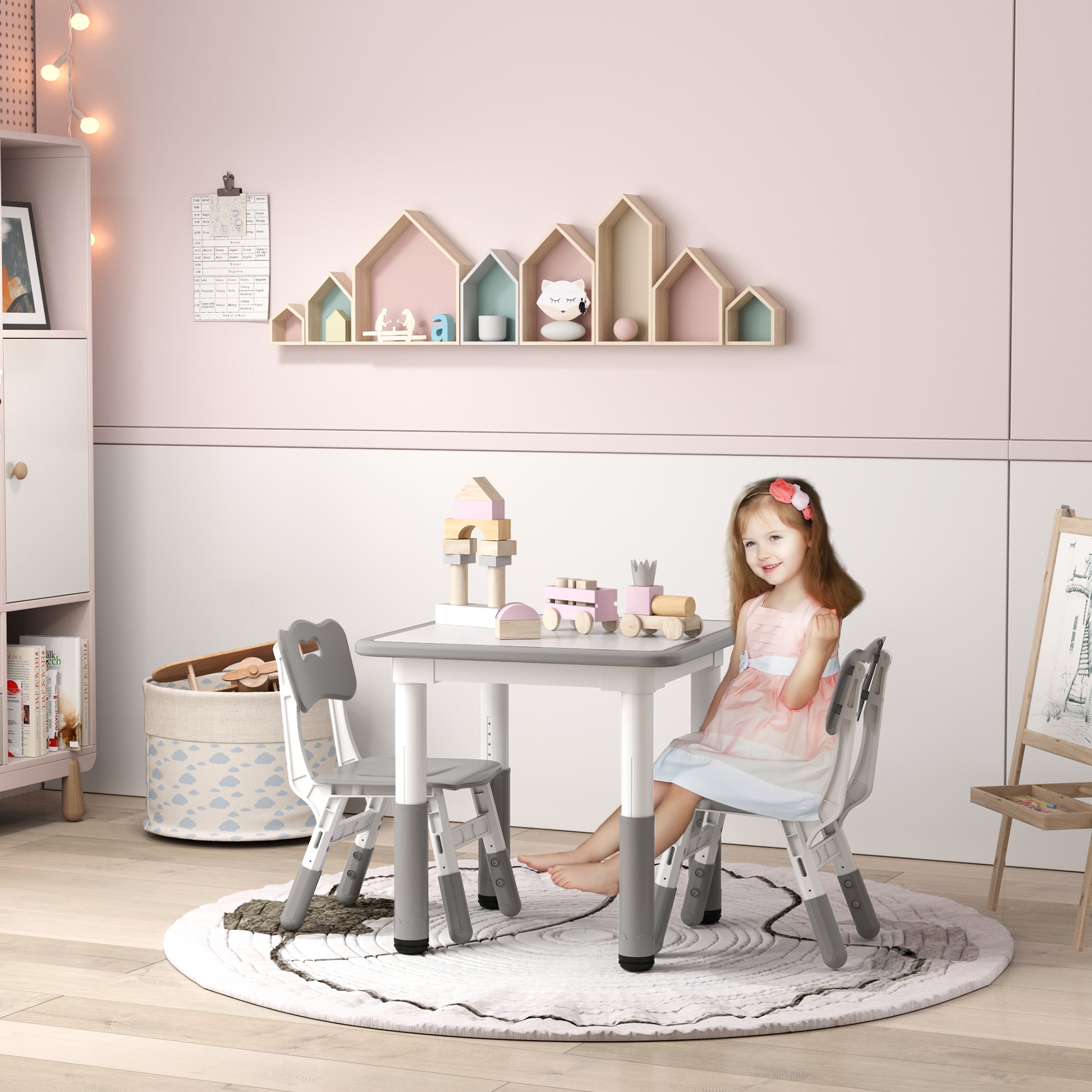 3-Piece Children's Table and Chairs Set with Adjustable Height Children's Table with 2 Chairs Easy to Clean for Kids from 18 Months to 5 Years for Playroom Bedroom Nursery White and Gray