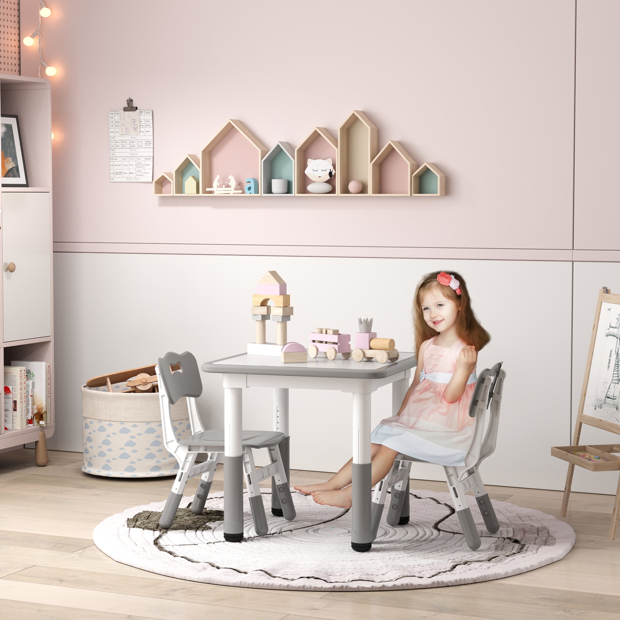 3-Piece Children's Table and Chairs Set with Adjustable Height Children's Table with 2 Chairs Easy to Clean for Kids from 18 Months to 5 Years for Playroom Bedroom Nursery White and Gray