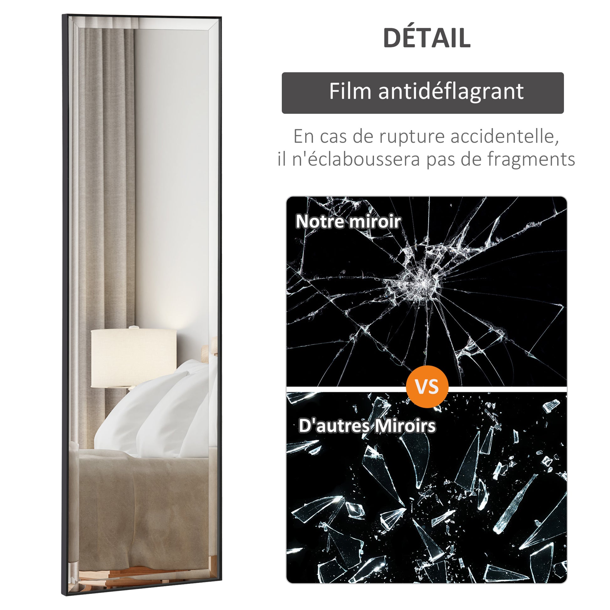 Wall Mirror 120L x 35W cm - Shatterproof Safety Film, Included Attaching System - Black Aluminum Alloy Frame