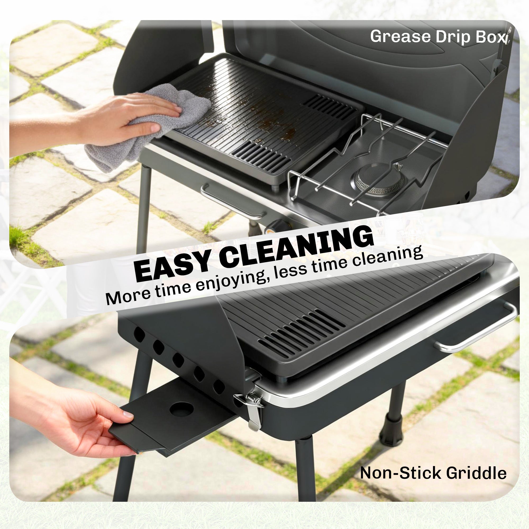 Portable 2-Burner Gas Grill — 2-in-1 Tabletop & Stand, 20,000 BTU, Folding Legs, Nonstick Griddle, Windshield & Lid Latch — Camping BBQ