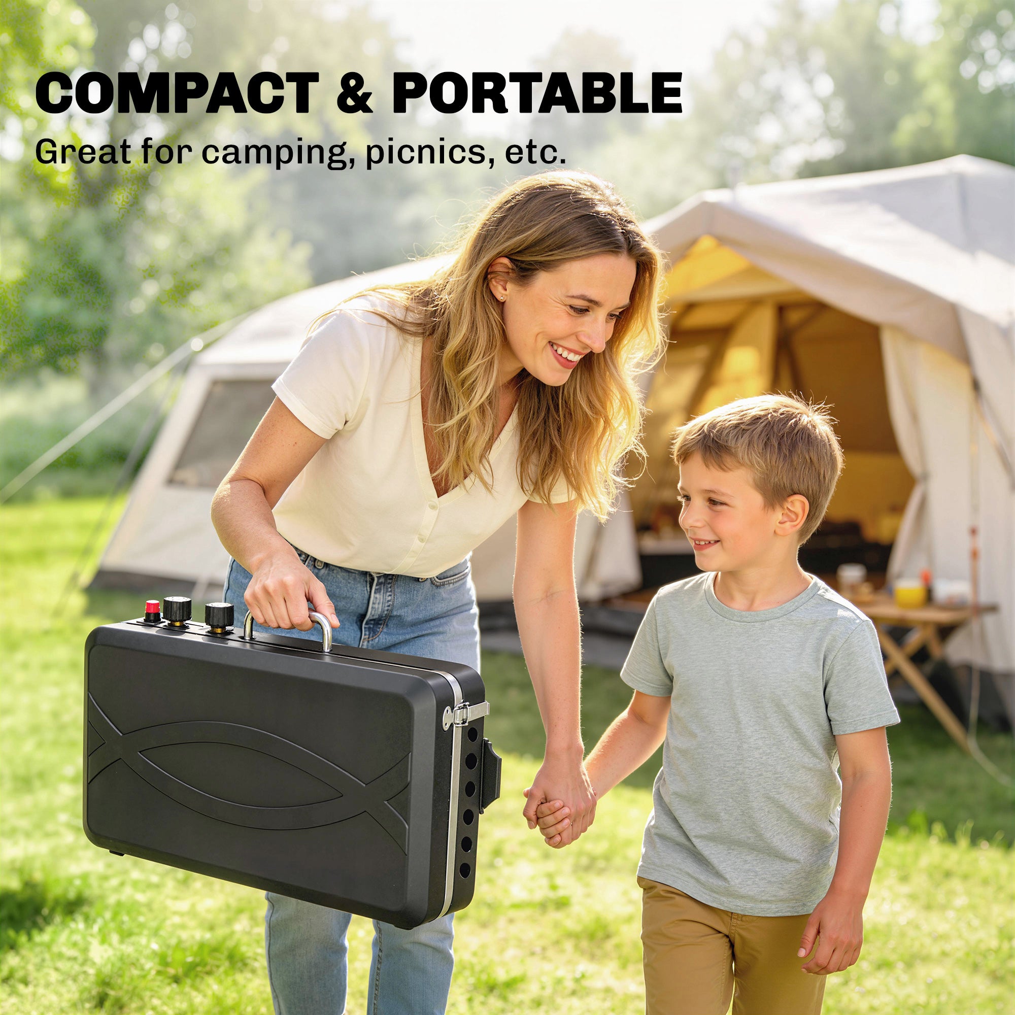 Portable 2-Burner Gas Grill — 2-in-1 Tabletop & Stand, 20,000 BTU, Folding Legs, Nonstick Griddle, Windshield & Lid Latch — Camping BBQ