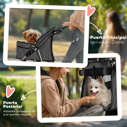 Foldable Dog Stroller Pet Carrier Stroller for Small Dogs with Adjustable Canopy, Bottom Basket, Mesh Windows, Cup Holders, and Wheels Capacity 15 kg 75x45x97 cm Dark Gray