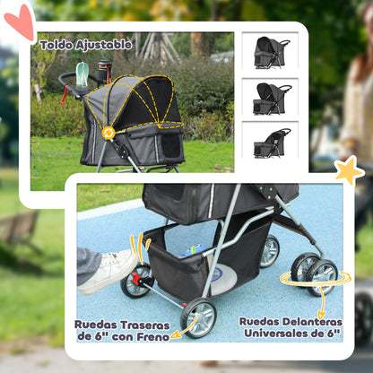 Foldable Dog Stroller Pet Carrier Stroller for Small Dogs with Adjustable Canopy, Bottom Basket, Mesh Windows, Cup Holders, and Wheels Capacity 15 kg 75x45x97 cm Dark Gray