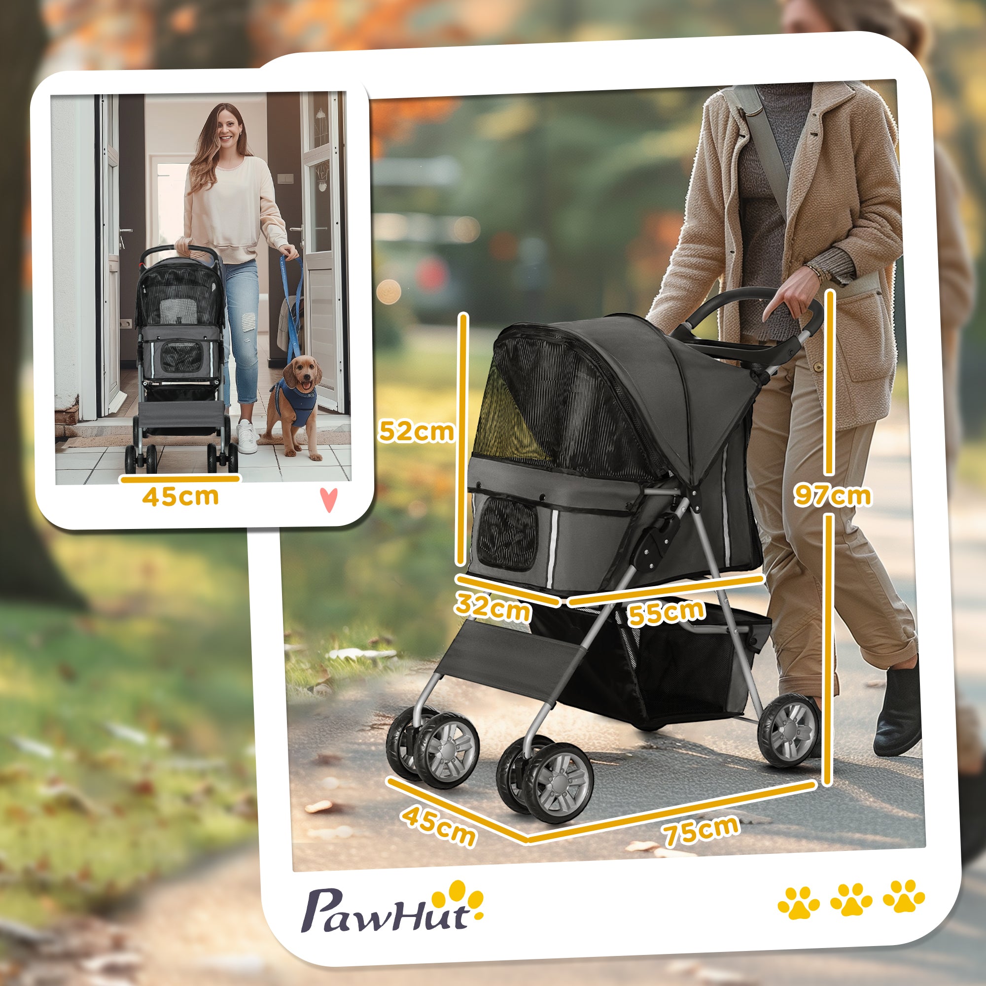 Foldable Dog Stroller Pet Carrier Stroller for Small Dogs with Adjustable Canopy, Bottom Basket, Mesh Windows, Cup Holders, and Wheels Capacity 15 kg 75x45x97 cm Dark Gray
