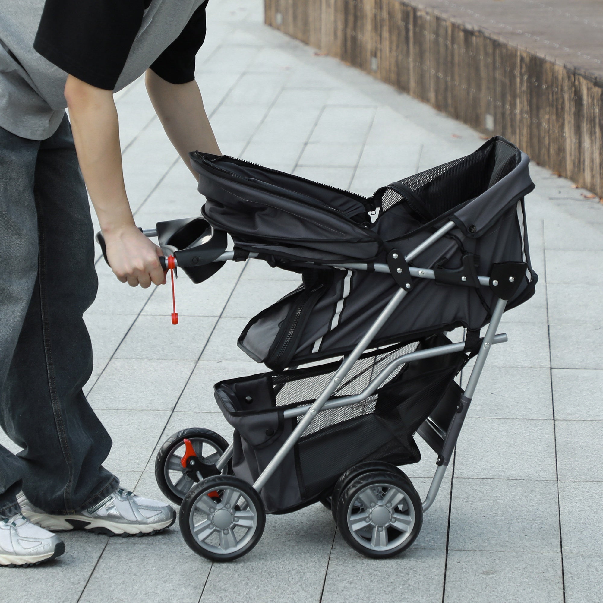 Foldable Dog Stroller Pet Carrier Stroller for Small Dogs with Adjustable Canopy, Bottom Basket, Mesh Windows, Cup Holders, and Wheels Capacity 15 kg 75x45x97 cm Dark Gray