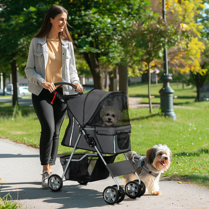Foldable Dog Stroller Pet Carrier Stroller for Small Dogs with Adjustable Canopy, Bottom Basket, Mesh Windows, Cup Holders, and Wheels Capacity 15 kg 75x45x97 cm Dark Gray