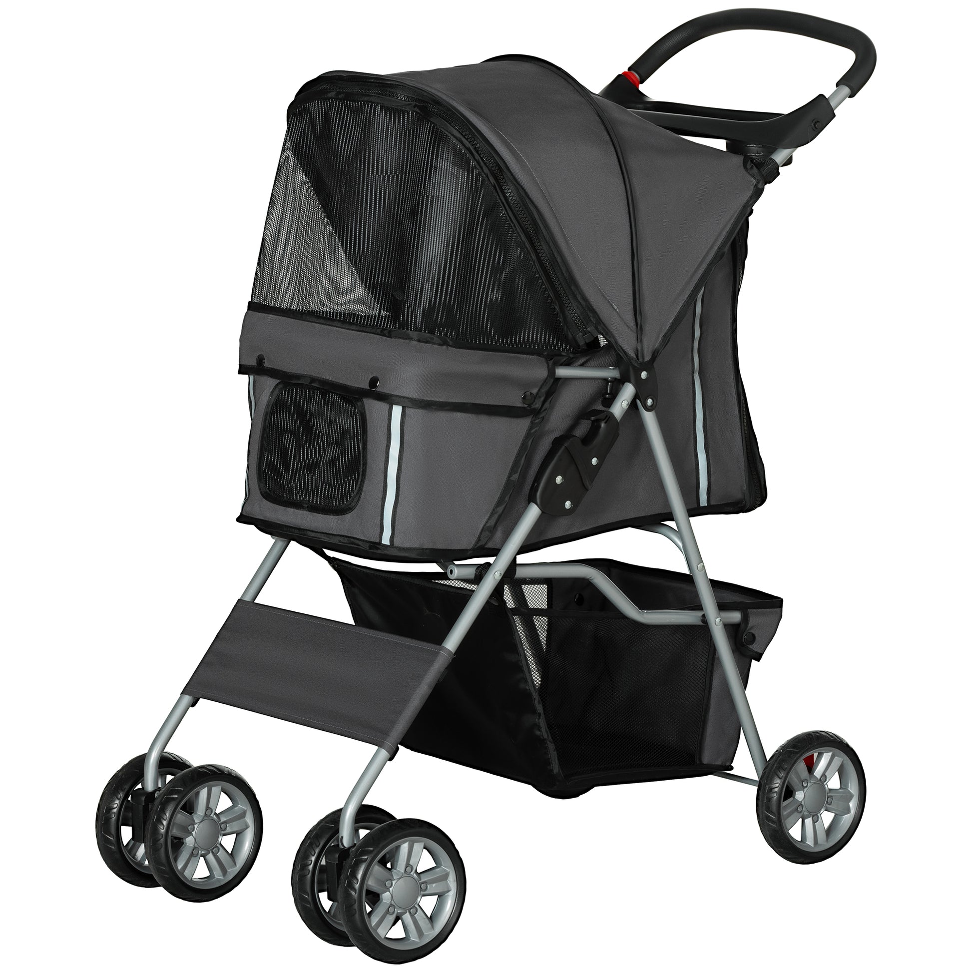 Foldable Dog Stroller Pet Carrier Stroller for Small Dogs with Adjustable Canopy, Bottom Basket, Mesh Windows, Cup Holders, and Wheels Capacity 15 kg 75x45x97 cm Dark Gray
