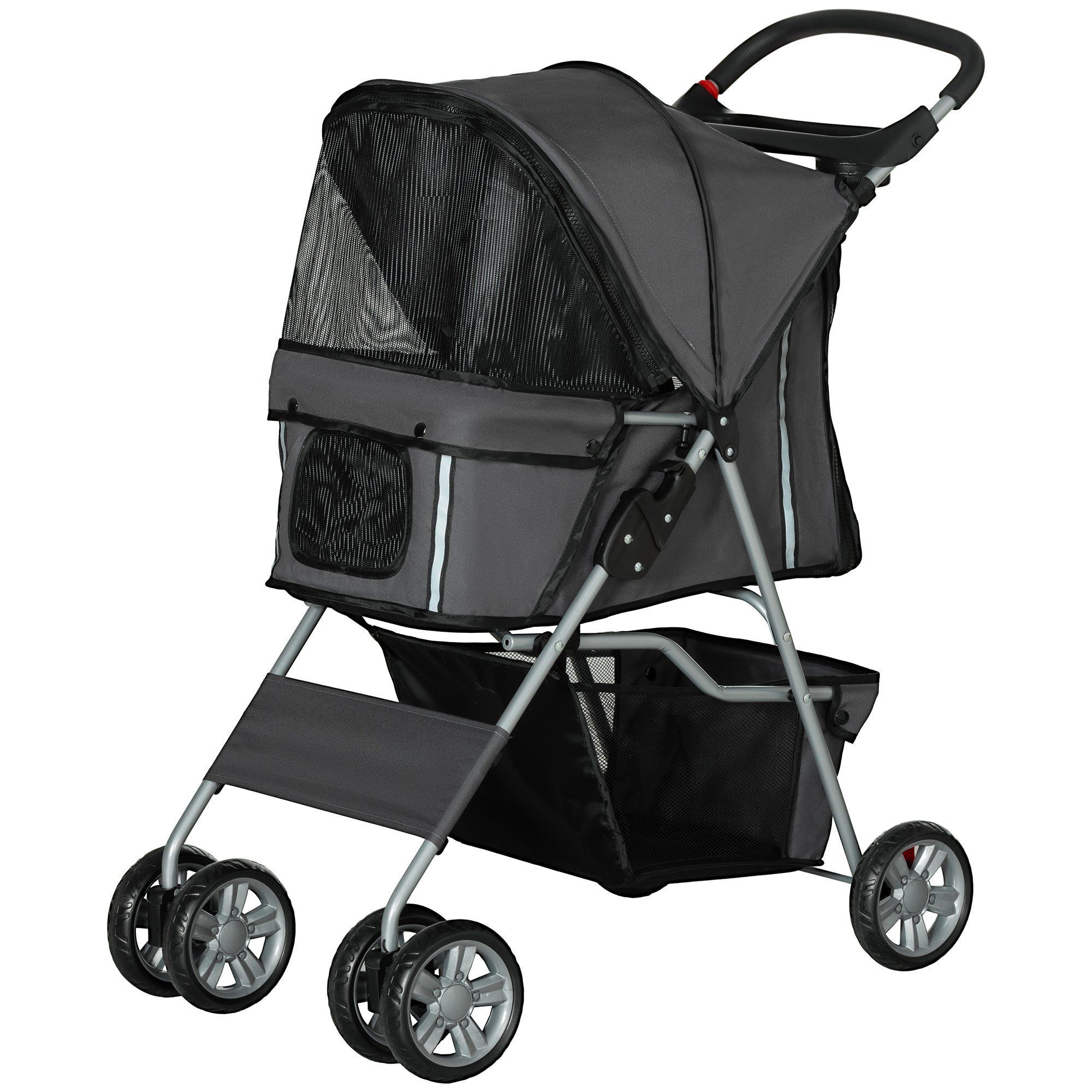 Foldable Dog Stroller Pet Carrier Stroller for Small Dogs with Adjustable Canopy, Bottom Basket, Mesh Windows, Cup Holders, and Wheels Capacity 15 kg 75x45x97 cm Dark Gray