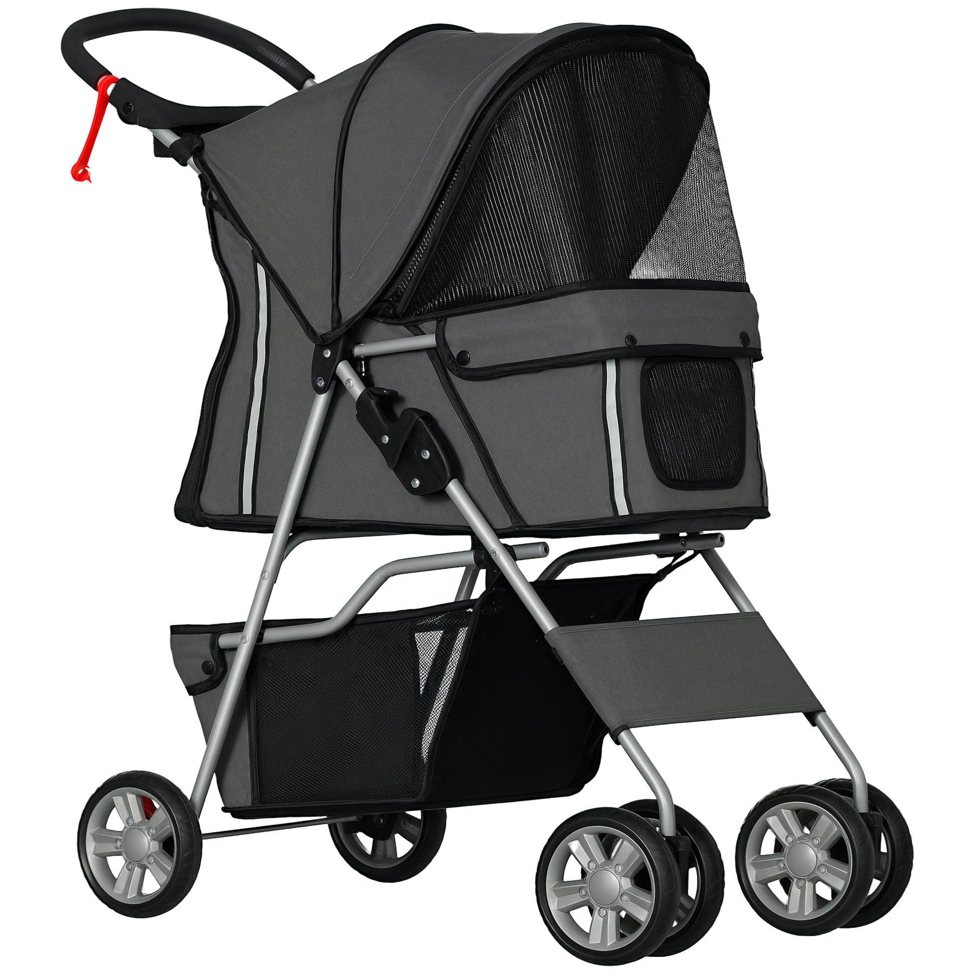 Foldable Dog Stroller Pet Carrier Stroller for Small Dogs with Adjustable Canopy, Bottom Basket, Mesh Windows, Cup Holders, and Wheels Capacity 15 kg 75x45x97 cm Dark Gray