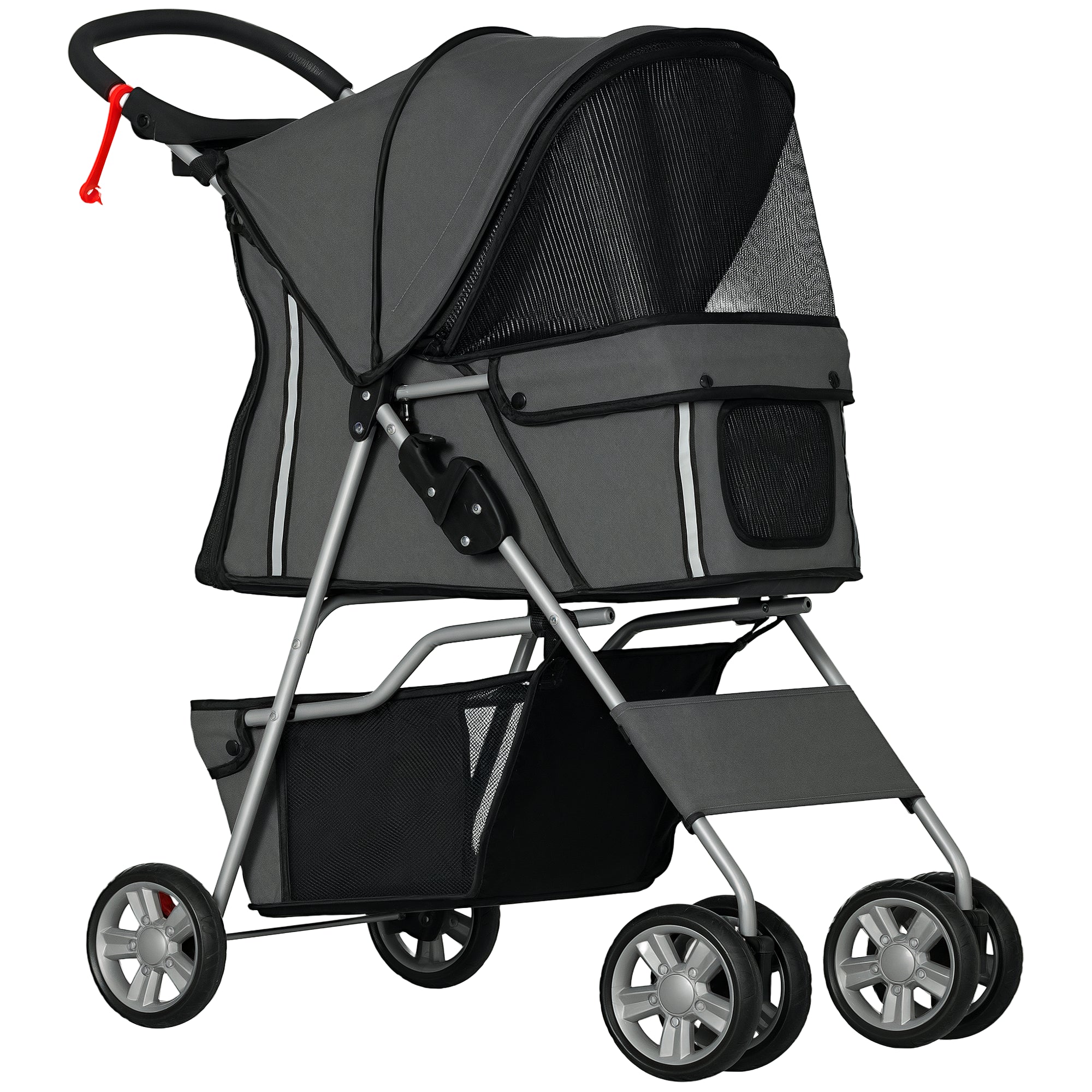 Foldable Dog Stroller Pet Carrier Stroller for Small Dogs with Adjustable Canopy, Bottom Basket, Mesh Windows, Cup Holders, and Wheels Capacity 15 kg 75x45x97 cm Dark Gray