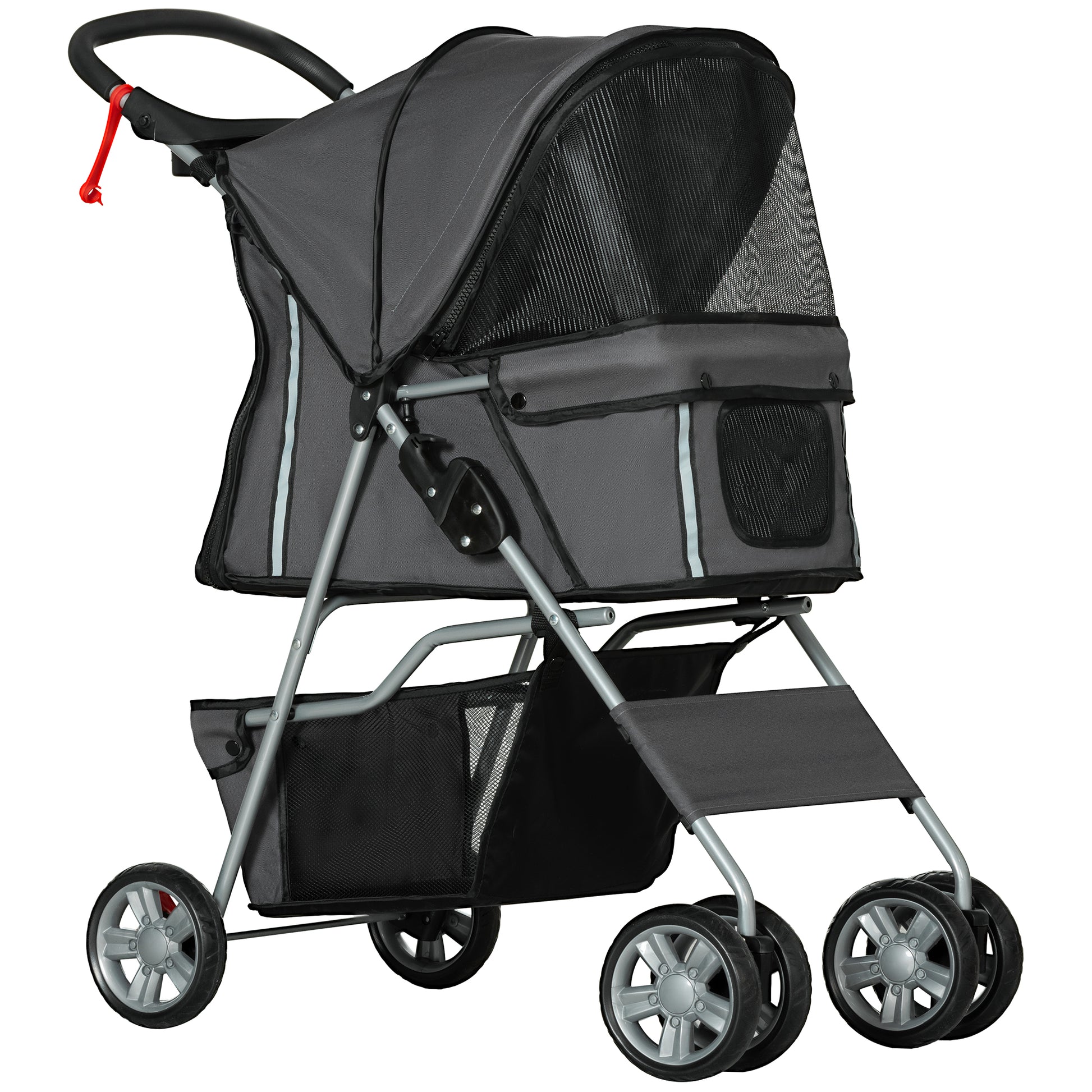 Foldable Dog Stroller Pet Carrier Stroller for Small Dogs with Adjustable Canopy, Bottom Basket, Mesh Windows, Cup Holders, and Wheels Capacity 15 kg 75x45x97 cm Dark Gray