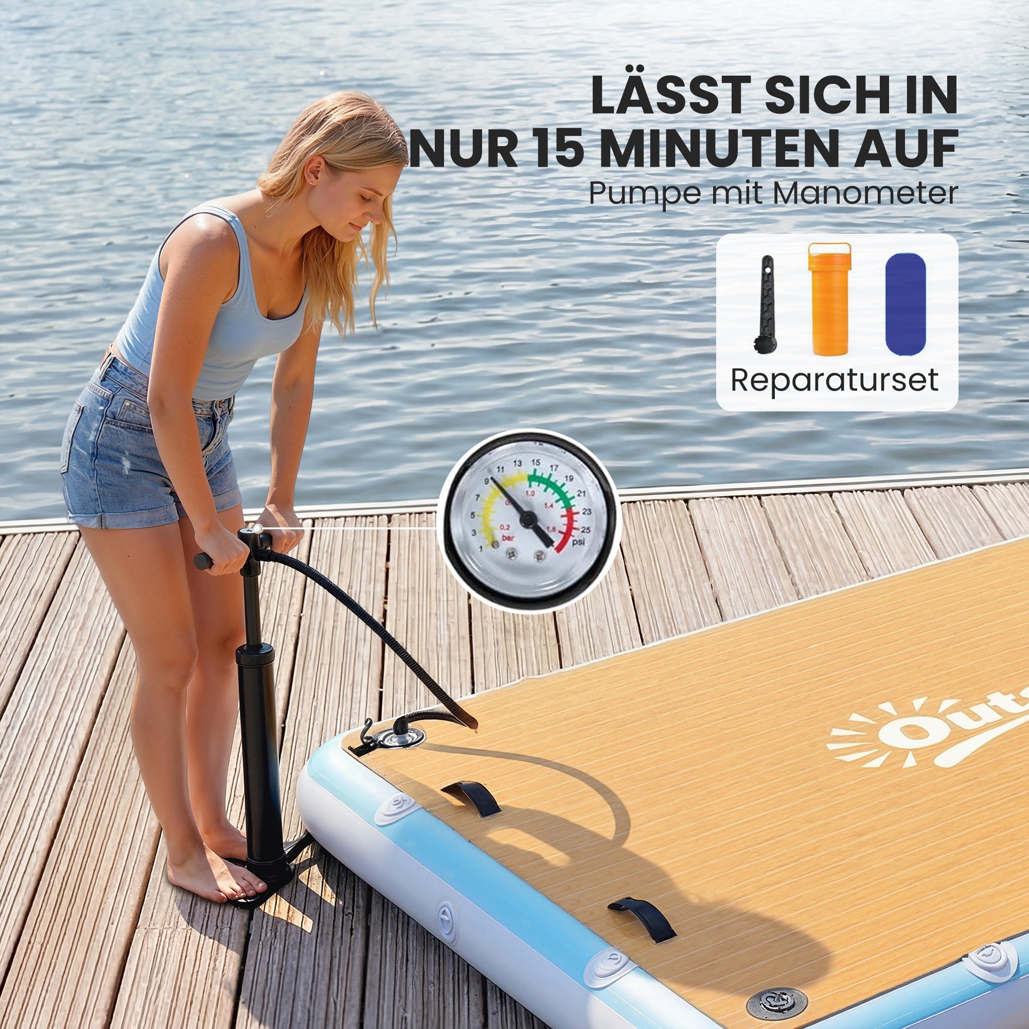 Inflatable Dock 8' x 6' (243 x 183 cm) — Floating Platform for 4–6 People with Non-Slip Deck, Removable Ladder, Pump & Carry Bag
