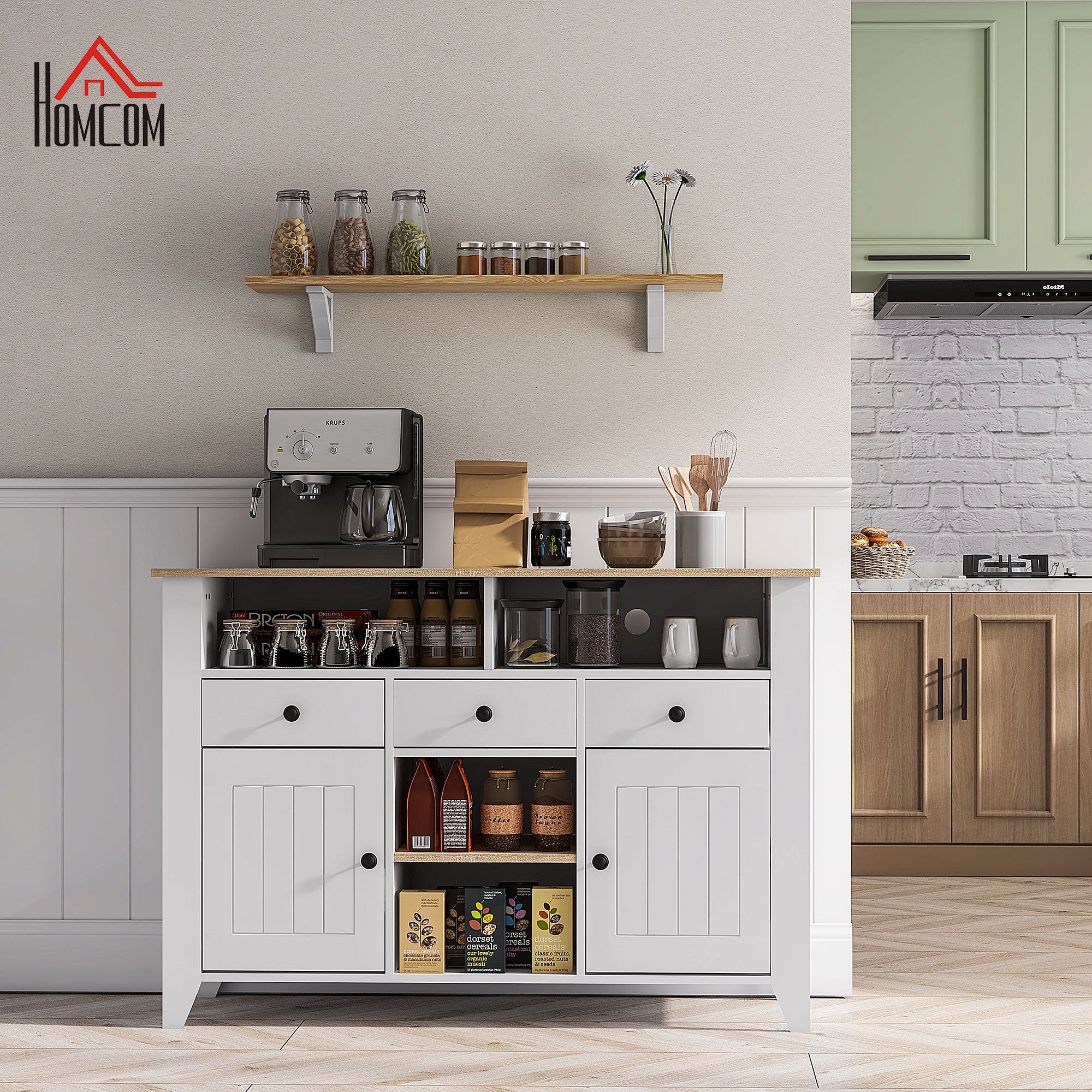 Kitchen Sideboard TV Stand for 50-Inch TVs with 3 Drawers 2 Doors 2 Open Shelves and 2 Adjustable Shelves Modern Style 120x38x81.5 cm White