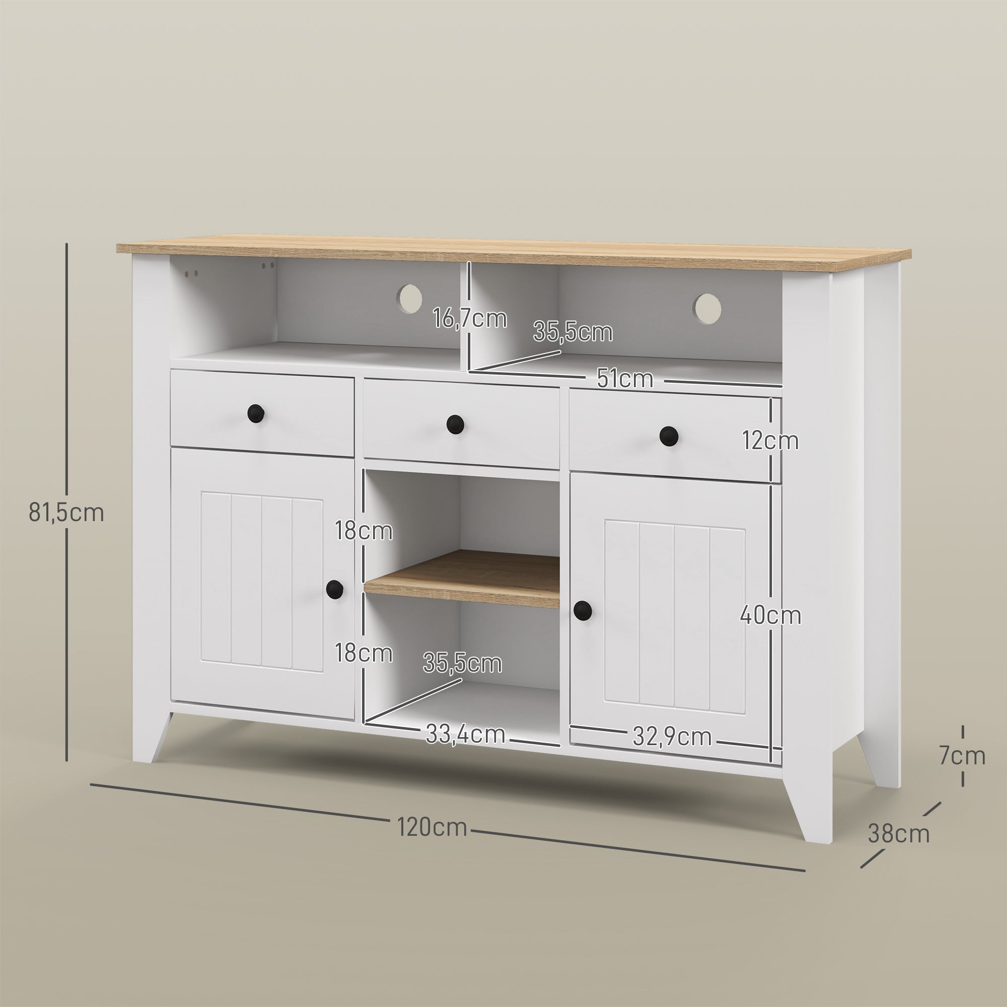 Kitchen Sideboard TV Stand for 50-Inch TVs with 3 Drawers 2 Doors 2 Open Shelves and 2 Adjustable Shelves Modern Style 120x38x81.5 cm White