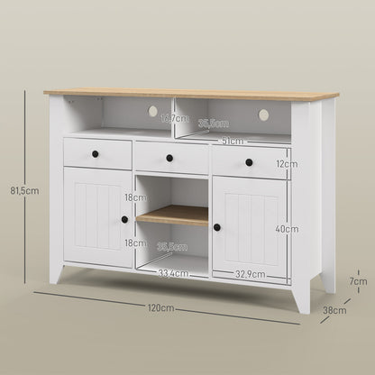 Kitchen Sideboard TV Stand for 50-Inch TVs with 3 Drawers 2 Doors 2 Open Shelves and 2 Adjustable Shelves Modern Style 120x38x81.5 cm White