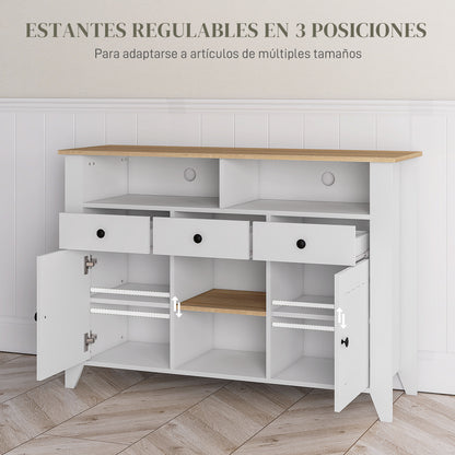 Kitchen Sideboard TV Stand for 50-Inch TVs with 3 Drawers 2 Doors 2 Open Shelves and 2 Adjustable Shelves Modern Style 120x38x81.5 cm White