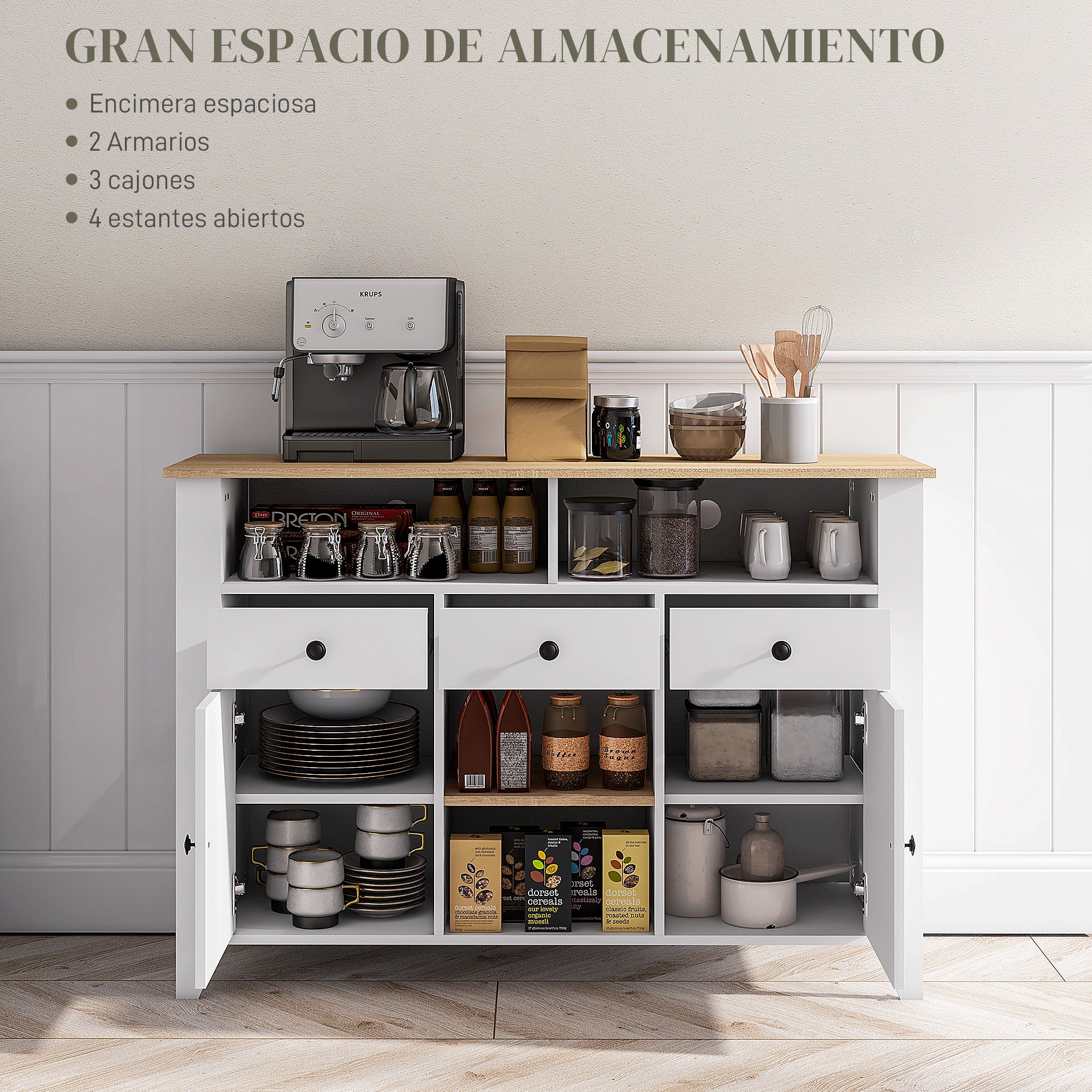 Kitchen Sideboard TV Stand for 50-Inch TVs with 3 Drawers 2 Doors 2 Open Shelves and 2 Adjustable Shelves Modern Style 120x38x81.5 cm White