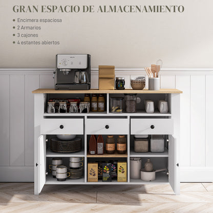 Kitchen Sideboard TV Stand for 50-Inch TVs with 3 Drawers 2 Doors 2 Open Shelves and 2 Adjustable Shelves Modern Style 120x38x81.5 cm White