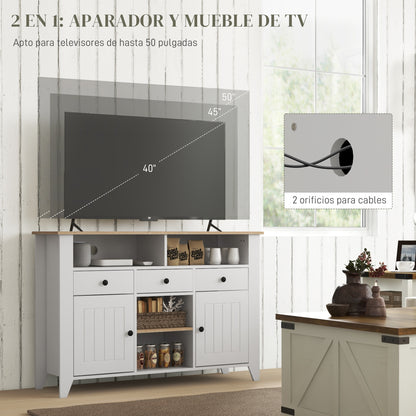 Kitchen Sideboard TV Stand for 50-Inch TVs with 3 Drawers 2 Doors 2 Open Shelves and 2 Adjustable Shelves Modern Style 120x38x81.5 cm White