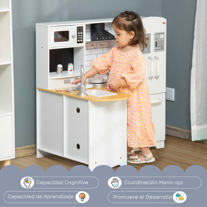 Wooden Play Kitchen for Kids 3+ Years with Sounds 14 Accessories Kids Kitchen with Phone Removable Sink Microwave and Faucet 82x65x87 cm White