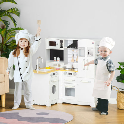 Wooden Play Kitchen for Kids 3+ Years with Sounds 14 Accessories Kids Kitchen with Phone Removable Sink Microwave and Faucet 82x65x87 cm White